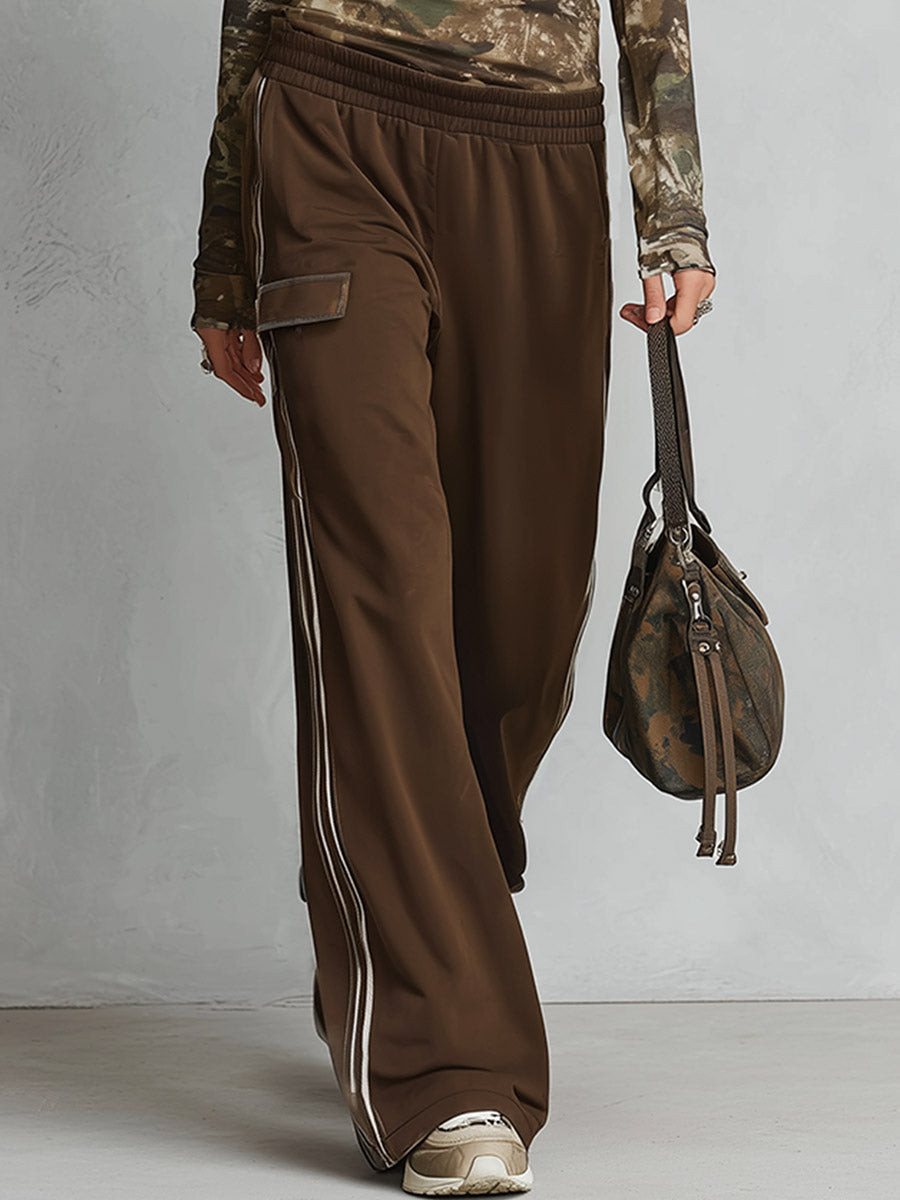 Retro Casual Brown Camouflage Long-Sleeve Hoodie And Jogger Sweatpants Set