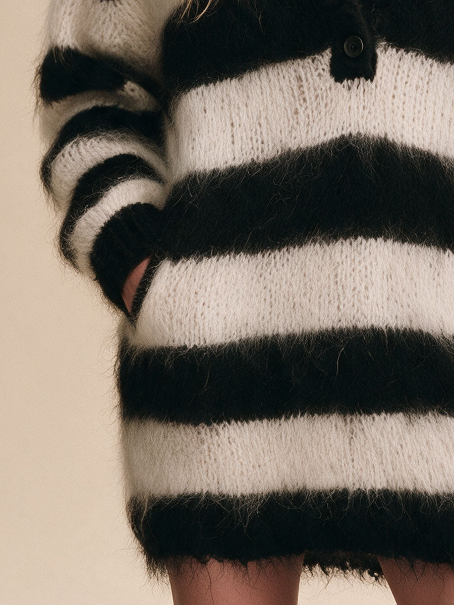 Retro Black And White Color-blocked Lapel Mohair Knit Mini Dress
