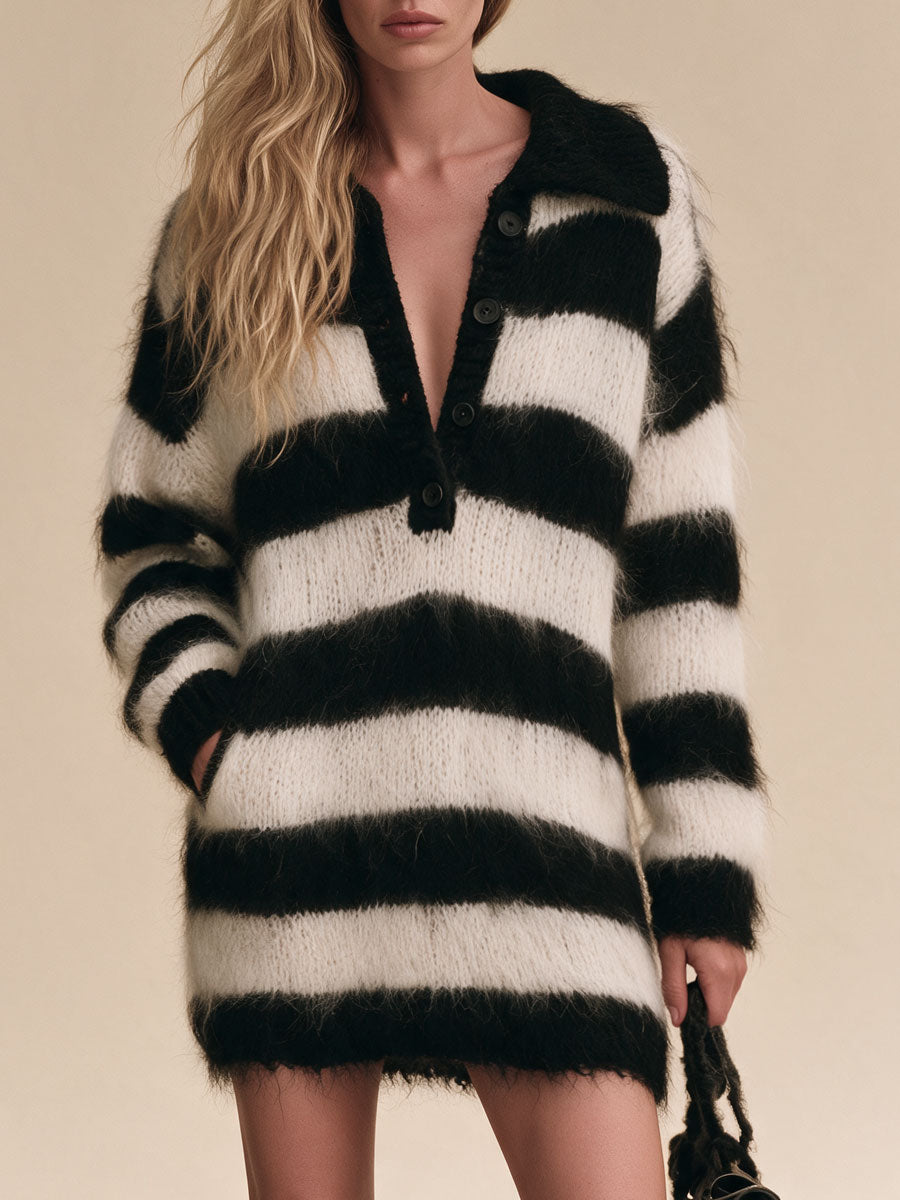 Retro Black And White Color-blocked Lapel Mohair Knit Mini Dress