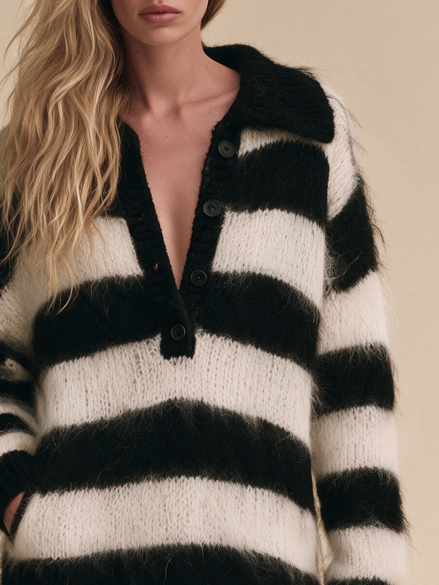 Retro Black And White Color-blocked Lapel Mohair Knit Mini Dress