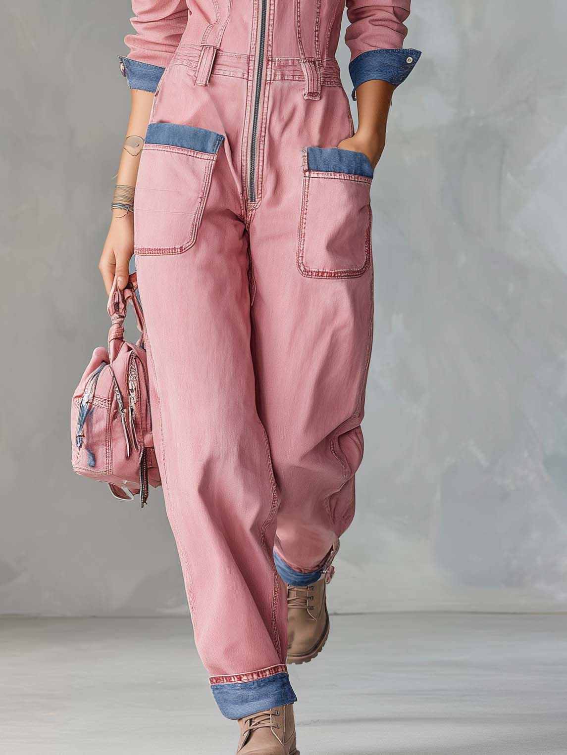 Retro Utility Pink Denim Jumpsuit Women Zip Front Contrast Trim Straight Leg