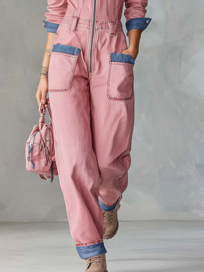 Retro Utility Pink Denim Jumpsuit Women Zip Front Contrast Trim Straight Leg