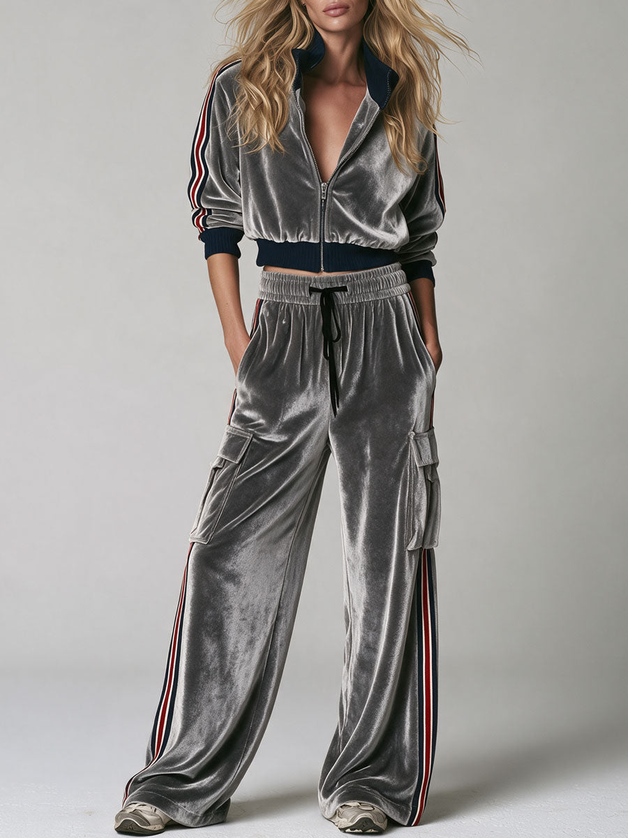 Casual Retro Color-blocked Webbing Gray Stand-collar Velvet Jacket And Trousers Set