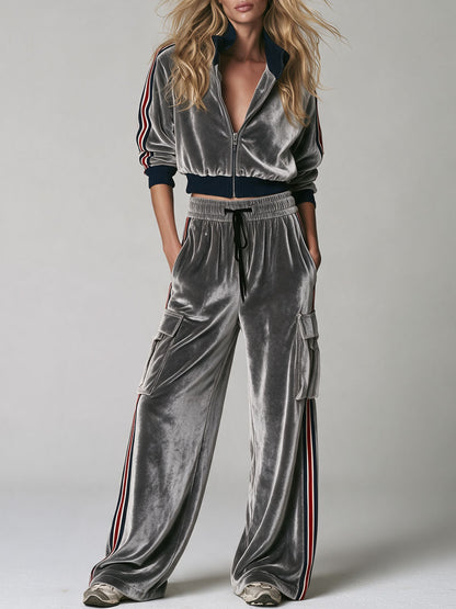 Casual Retro Color-blocked Webbing Gray Stand-collar Velvet Jacket And Trousers Set