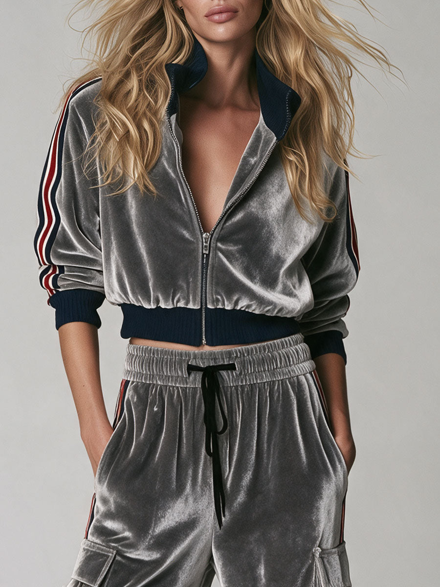 Casual Retro Color-blocked Webbing Gray Stand-collar Velvet Jacket And Trousers Set
