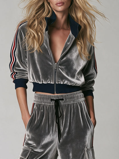 Casual Retro Color-blocked Webbing Gray Stand-collar Velvet Jacket And Trousers Set