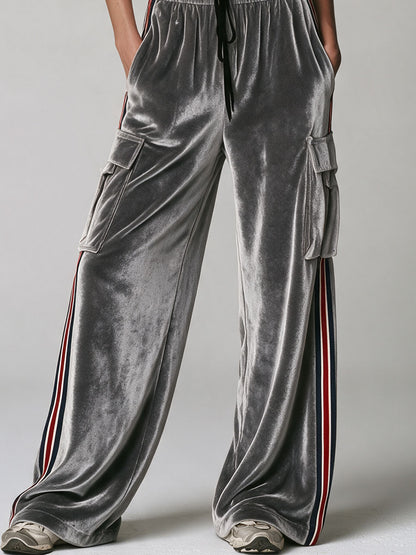 Casual Retro Color-blocked Webbing Gray Stand-collar Velvet Jacket And Trousers Set