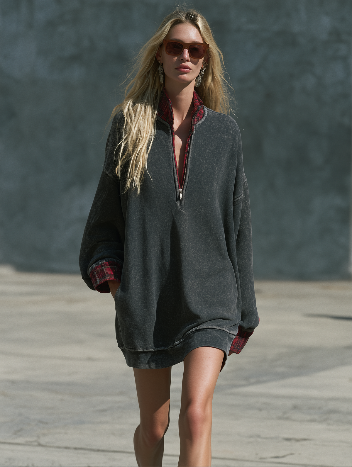 Fashionable Retro Half-zip Plaid Patchwork Faded Dark Gray Cotton Mini Dress