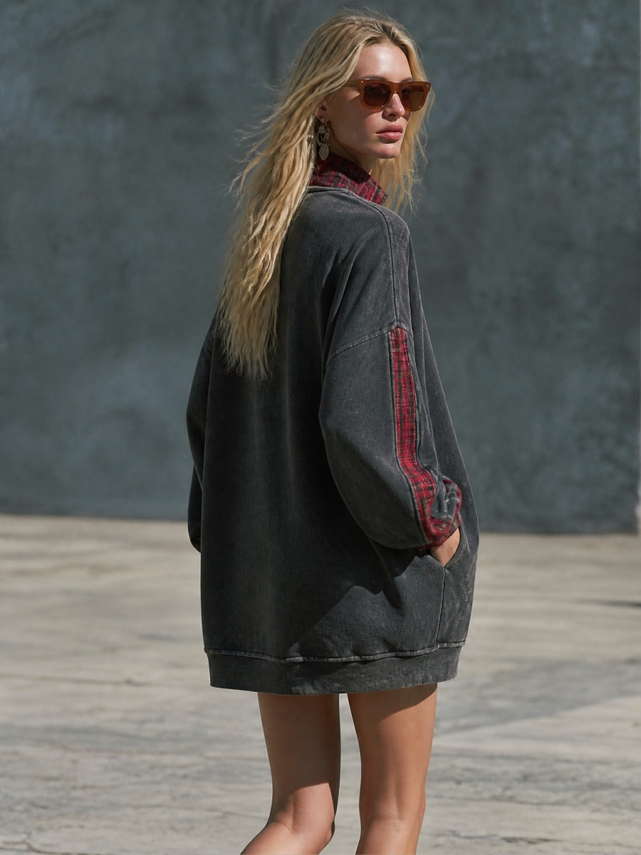 Fashionable Retro Half-zip Plaid Patchwork Faded Dark Gray Cotton Mini Dress