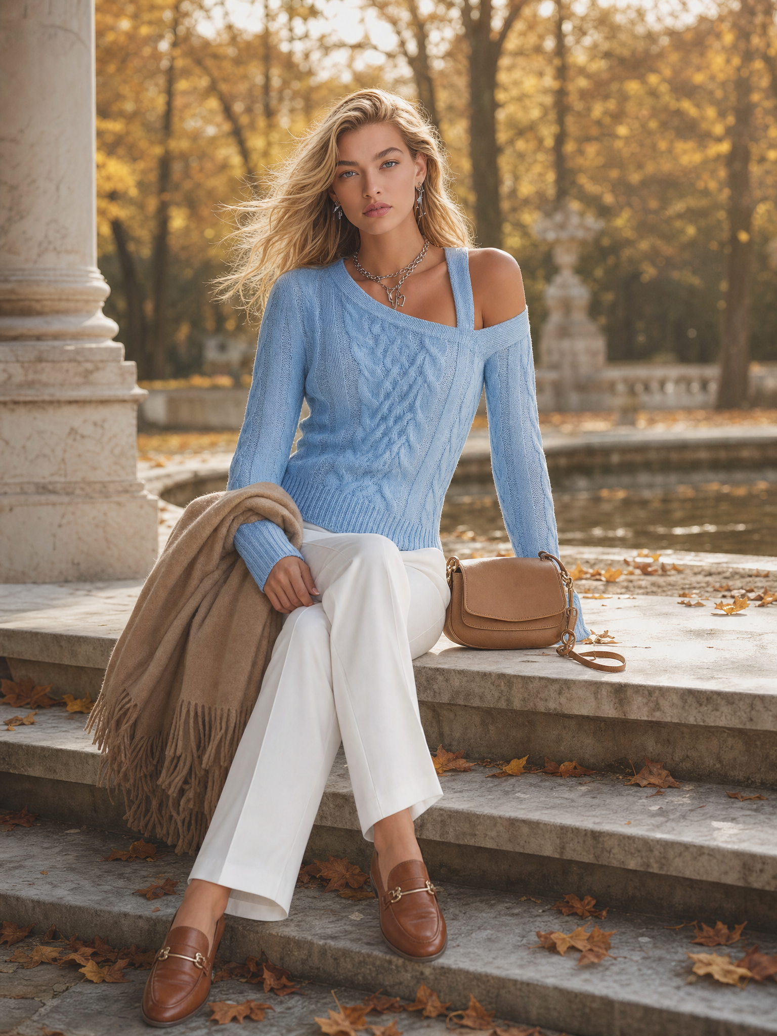 Asymmetric Cold Shoulder Cable Knit Sweater