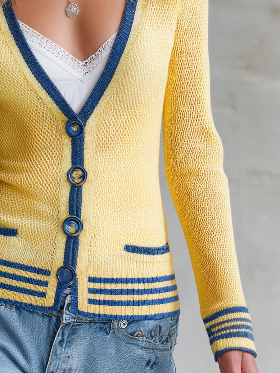 Blue Striped Knit Cardigan With A Retro Casual And Elegant Style