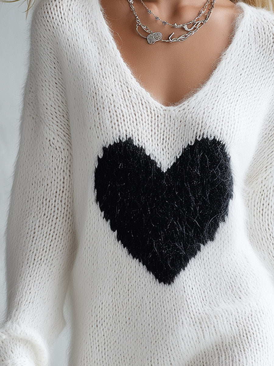 Cozy Color-Block Heart Motif White Faux Mink Knit V-Neck Mini Dress
