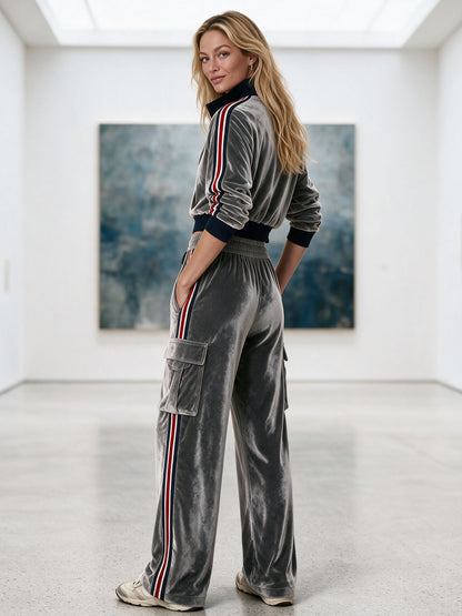 Casual Retro Color-blocked Webbing Gray Stand-collar Velvet Jacket And Trousers Set