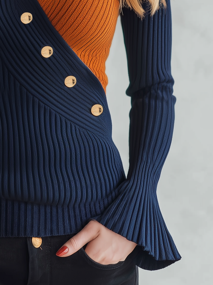 Retro-chic Knit Top Featuring A Blue And Orange Color-block Design