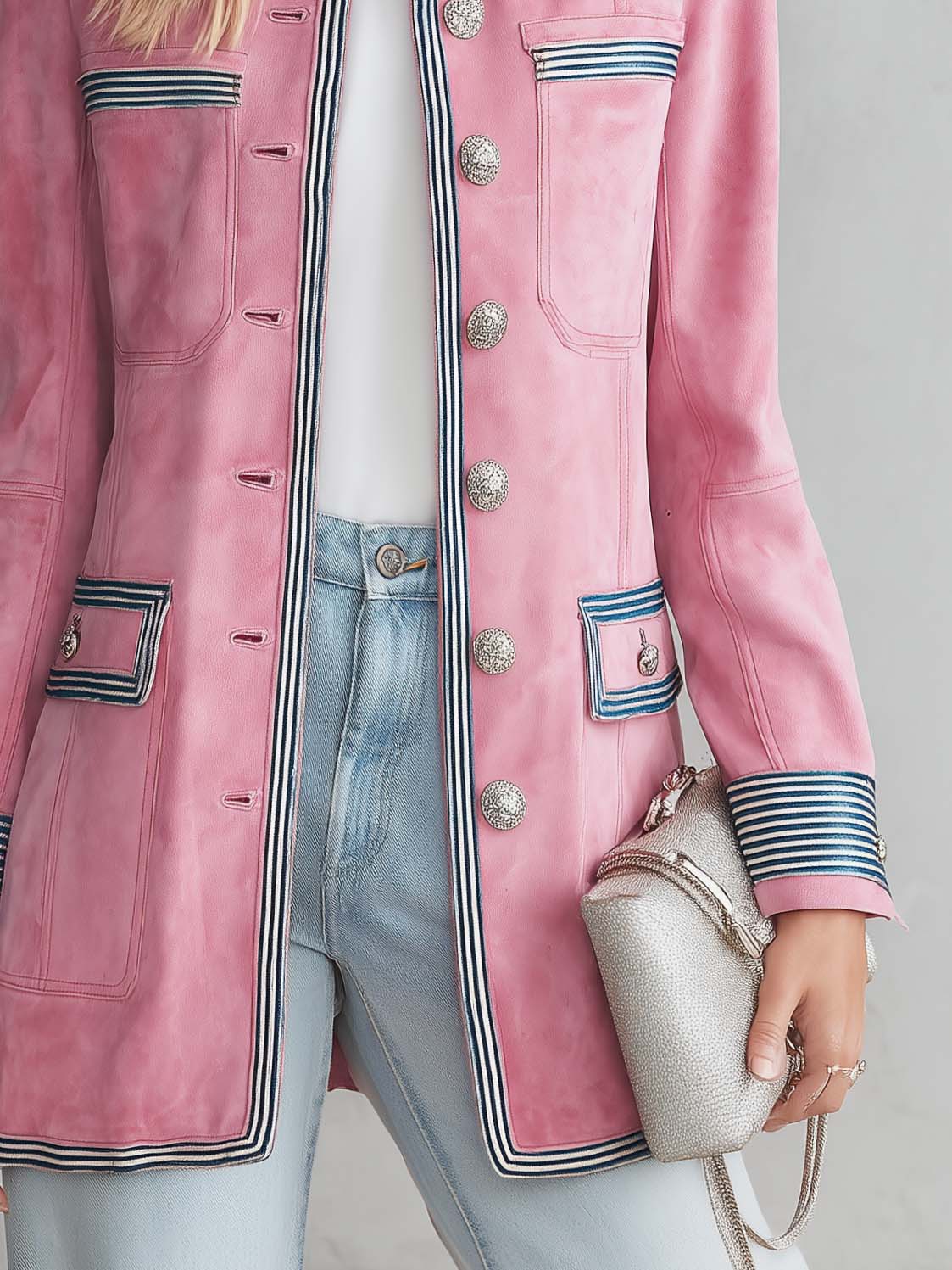 Vintage Military Pink Faux Suede Coat Women Striped Trim Silver Button Longline