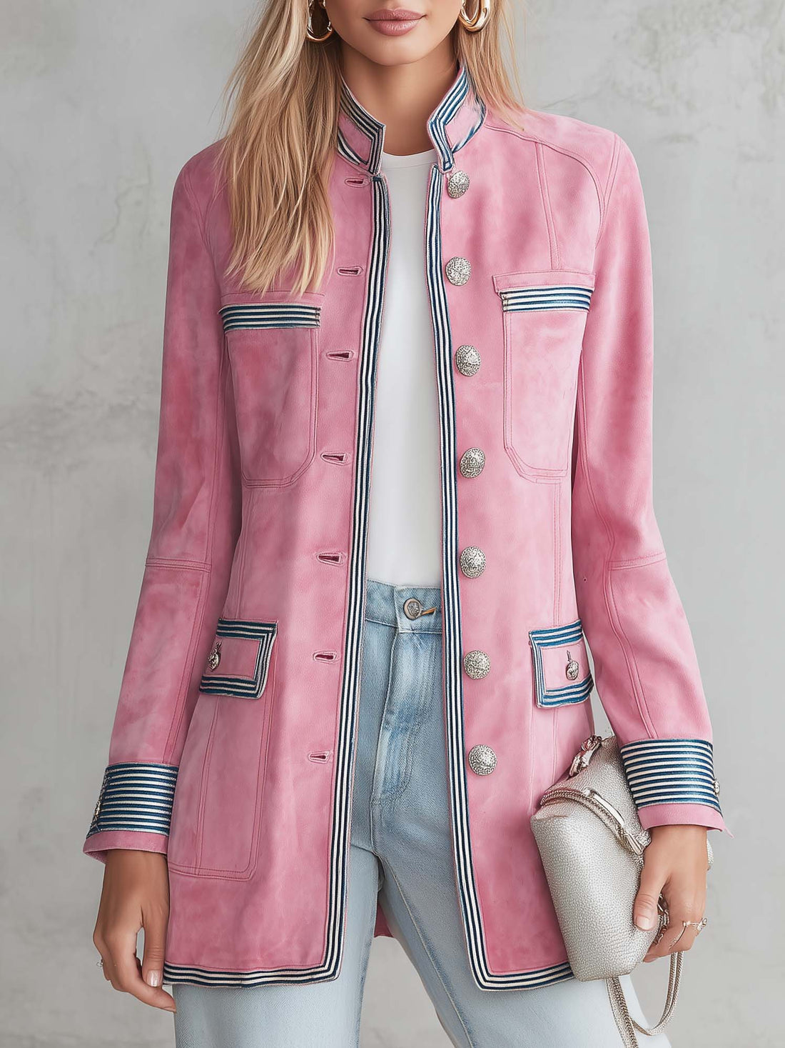 Vintage Military Pink Faux Suede Coat Women Striped Trim Silver Button Longline