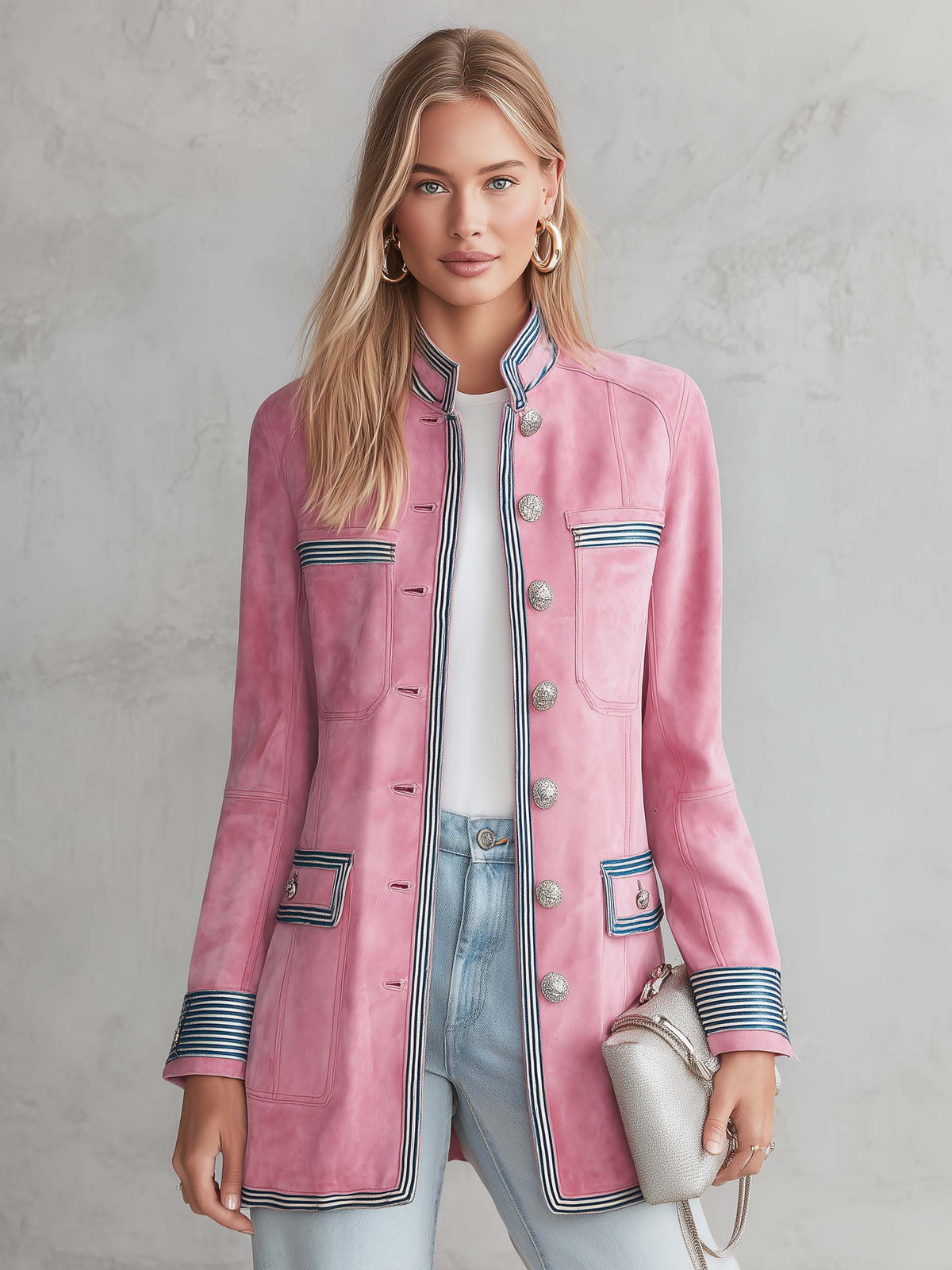 Vintage Military Pink Faux Suede Coat Women Striped Trim Silver Button Longline