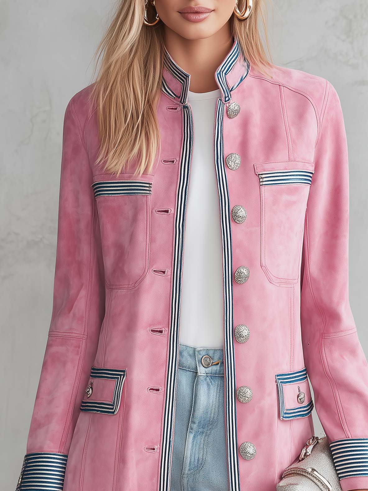 Vintage Military Pink Faux Suede Coat Women Striped Trim Silver Button Longline