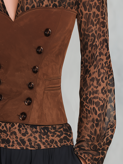 Retro-chic Leopard Print Chiffon And Faux Suede Top