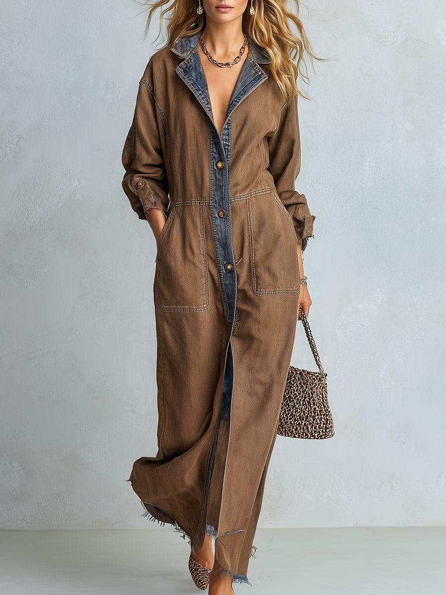 Casual Urban Style Piped Detailing Brown Denim Shirt Collar Maxi Dress