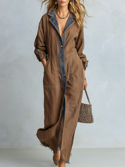Casual Urban Style Piped Detailing Brown Denim Shirt Collar Maxi Dress