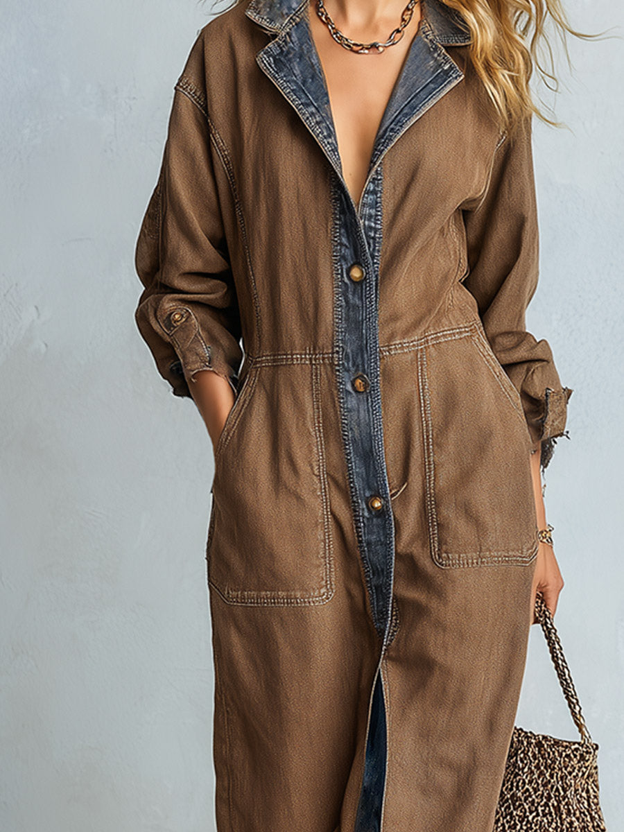 Casual Urban Style Piped Detailing Brown Denim Shirt Collar Maxi Dress