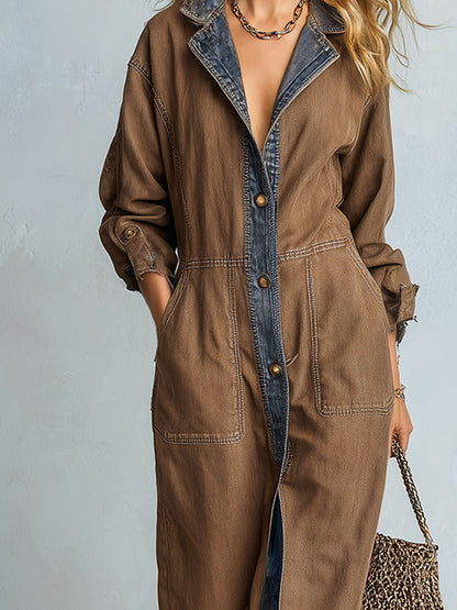 Casual Urban Style Piped Detailing Brown Denim Shirt Collar Maxi Dress