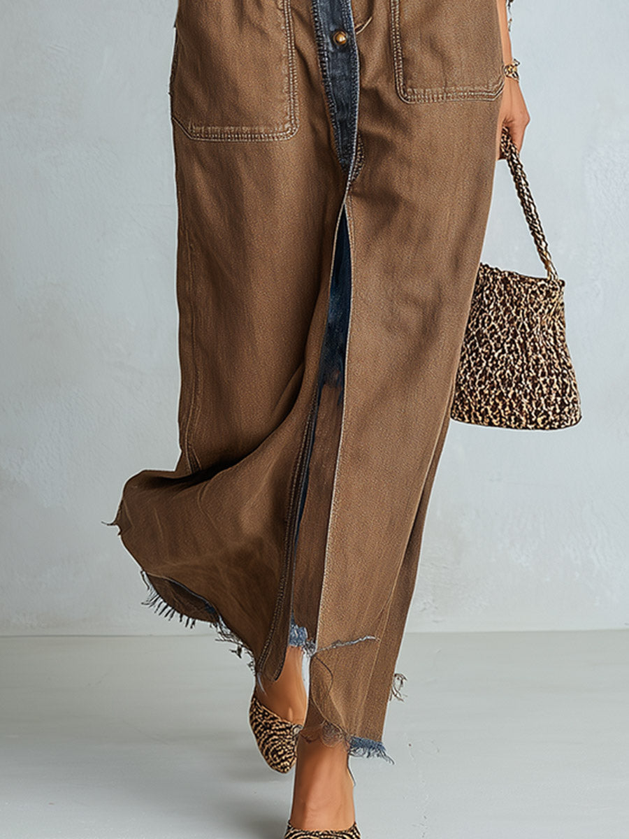 Casual Urban Style Piped Detailing Brown Denim Shirt Collar Maxi Dress