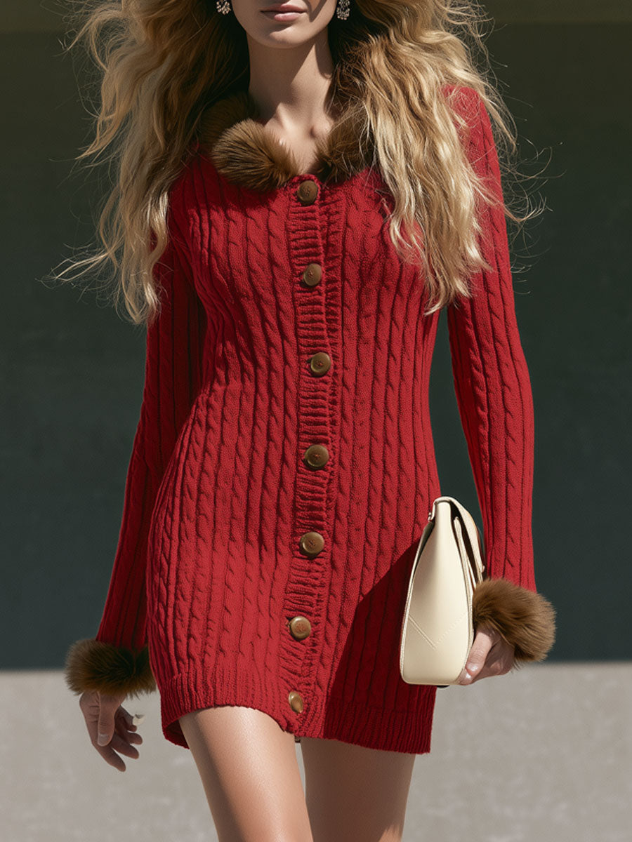 Elegant And Stylish Brown Fur-trimmed Red Knit Cable Knit Mini Dress
