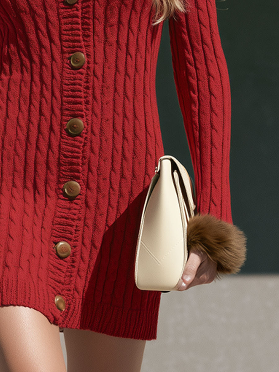 Elegant And Stylish Brown Fur-trimmed Red Knit Cable Knit Mini Dress
