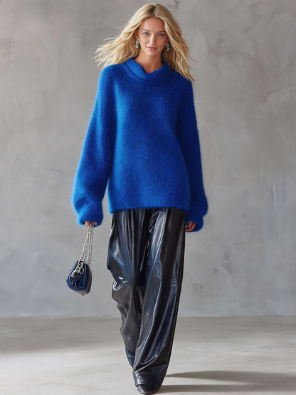 Retro Royal Blue Turtleneck Mohair Knit Sweater