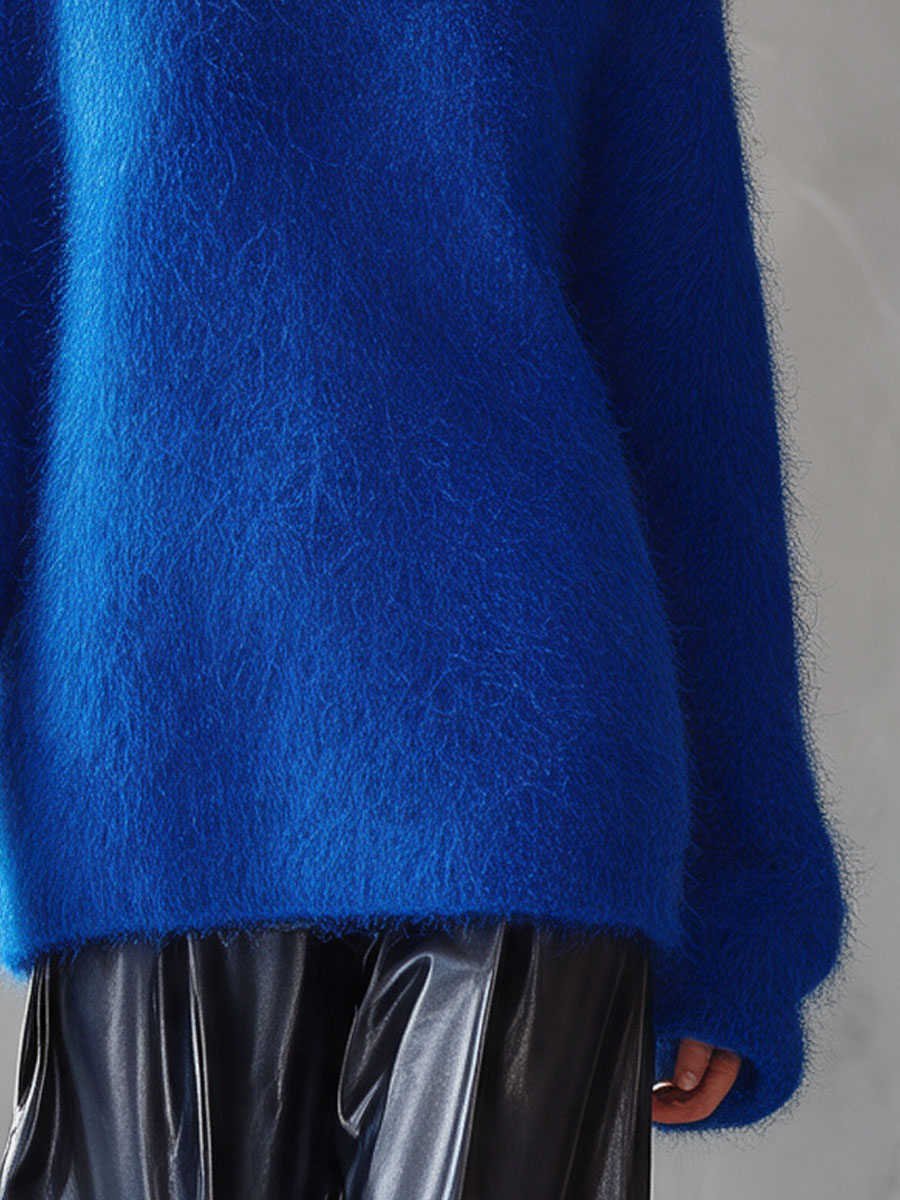 Retro Royal Blue Turtleneck Mohair Knit Sweater