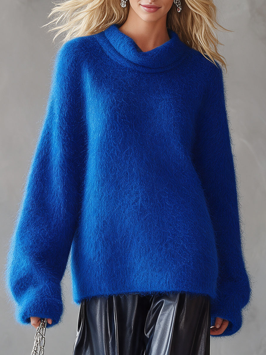 Retro Royal Blue Turtleneck Mohair Knit Sweater