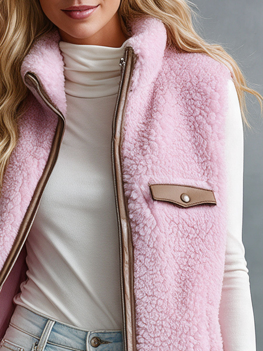 Casual Retro Pink Fleece Zipper Vest