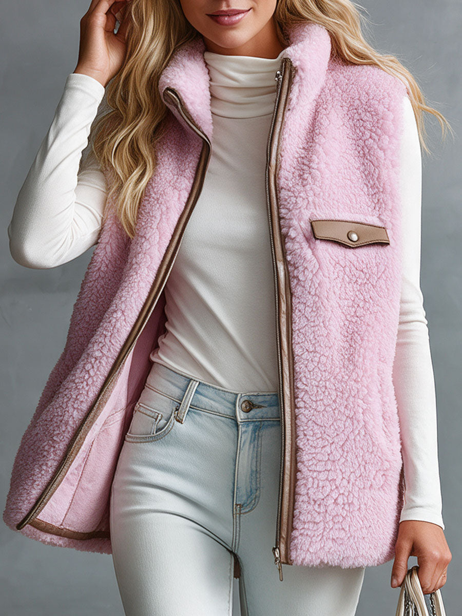 Casual Retro Pink Fleece Zipper Vest