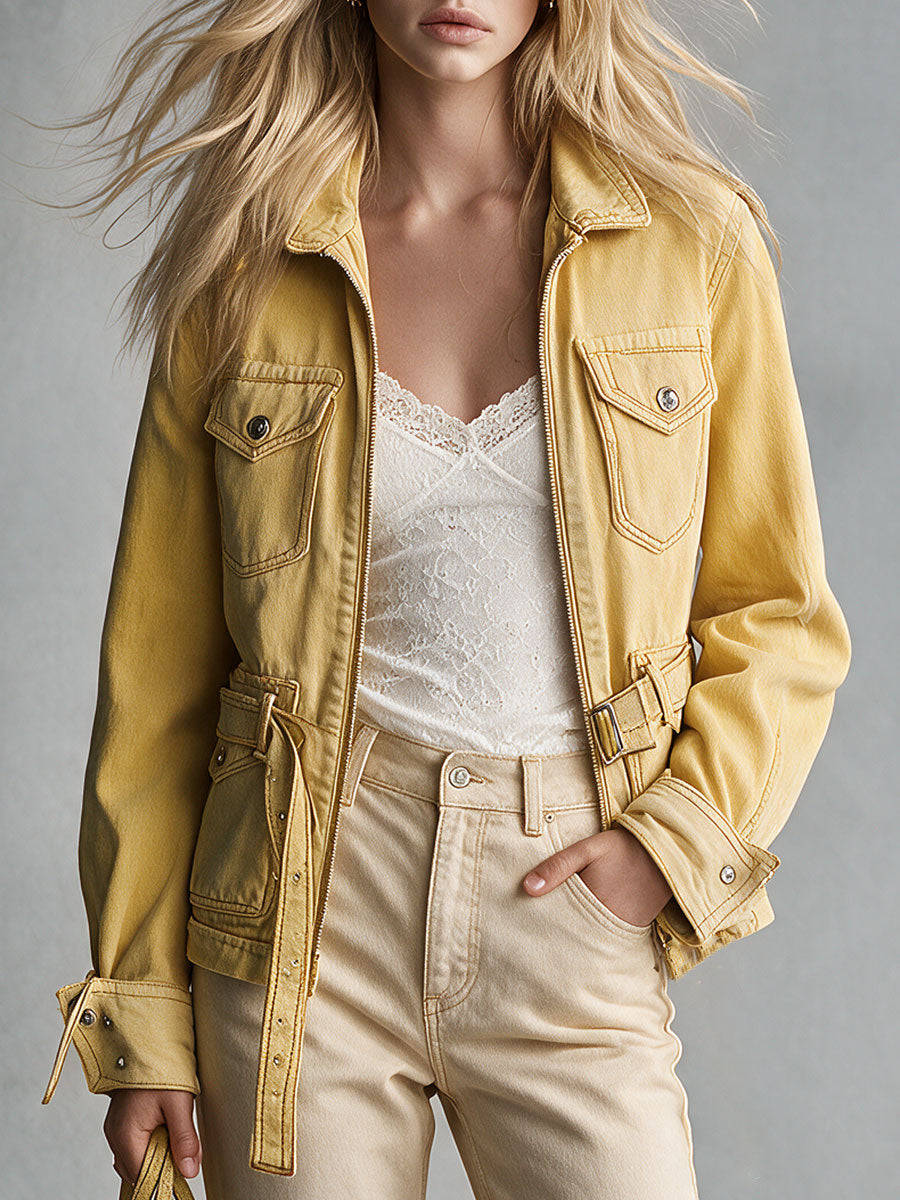 Retro Yellow Collared Zip-up Belt Multi-pocket Denim Jacket