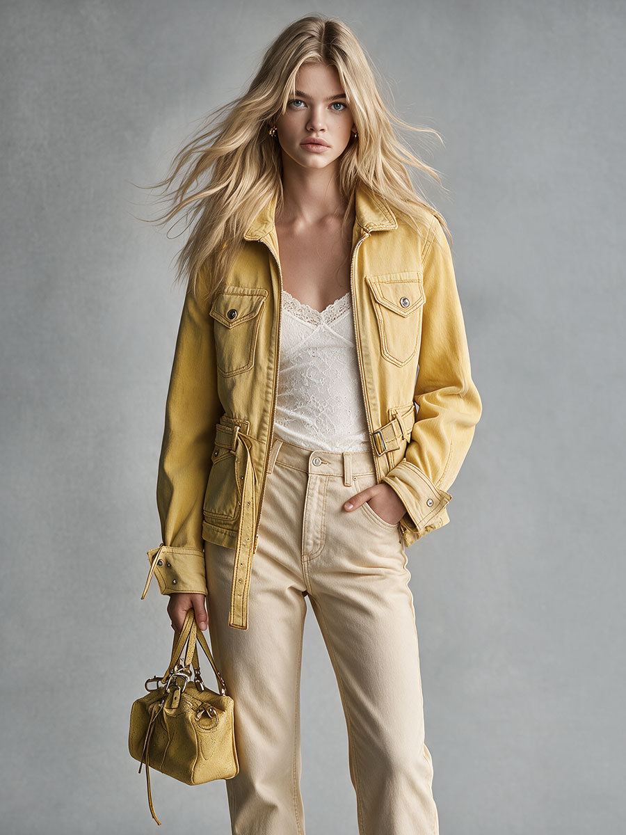 Retro Yellow Collared Zip-up Belt Multi-pocket Denim Jacket
