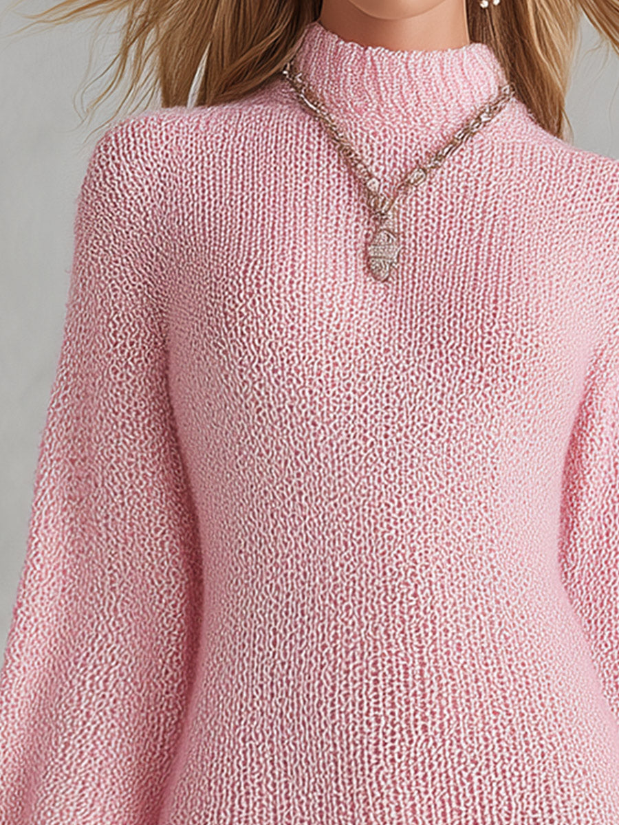 Pink Fringe Hem Chunky-knit Mock-neck Mini Dress