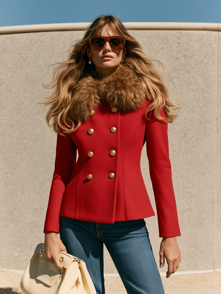 Stylish Retro Faux Fur Collar Red Double-breasted Wool Short Coat