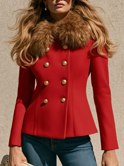 Stylish Retro Faux Fur Collar Red Double-breasted Wool Short Coat