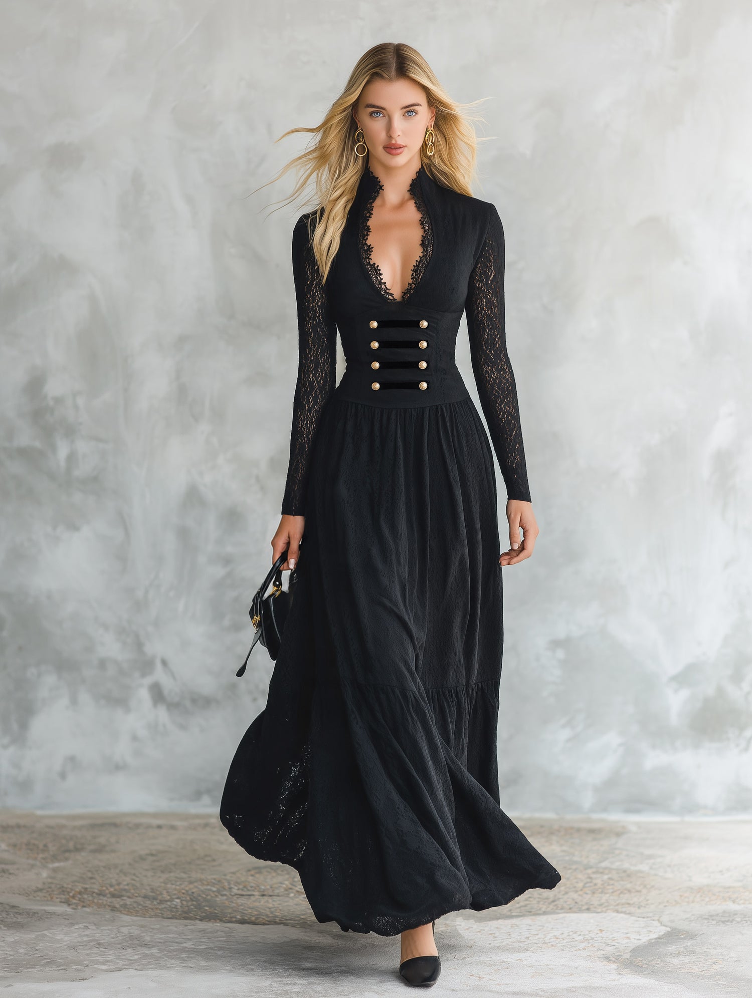 Vintage-style Elegant Horizontal Buttoned Trim Black Lace Maxi Dress