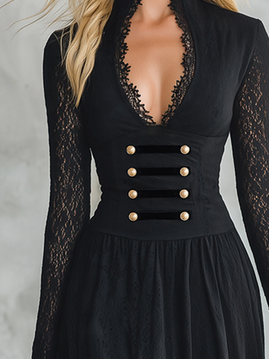 Vintage-style Elegant Horizontal Buttoned Trim Black Lace Maxi Dress
