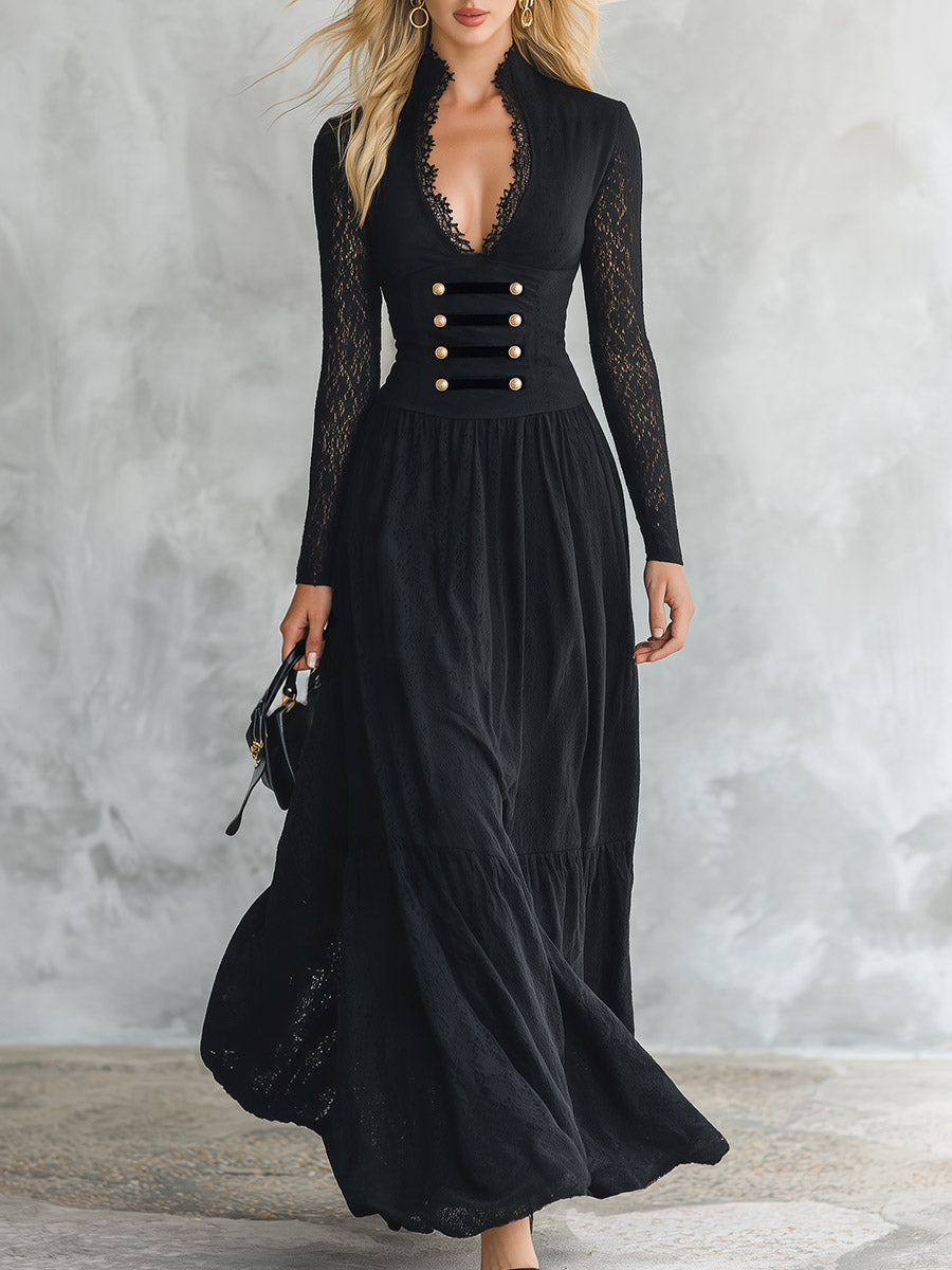Vintage-style Elegant Horizontal Buttoned Trim Black Lace Maxi Dress