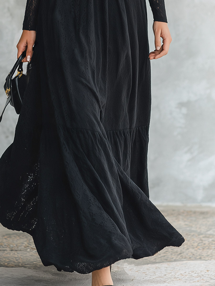 Vintage-style Elegant Horizontal Buttoned Trim Black Lace Maxi Dress