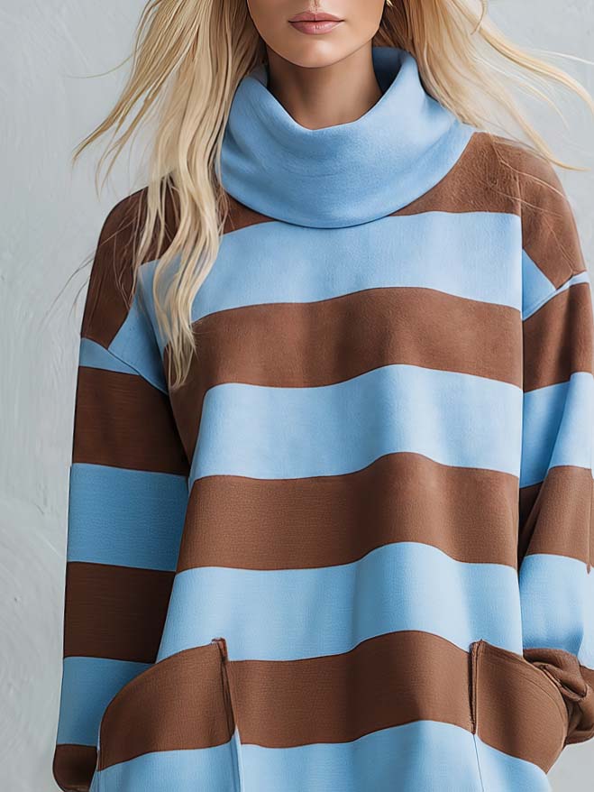 Cozy Chic Blue Brown Striped Cowl Neck Ruffle Hem Sweatshirt Mini Dress