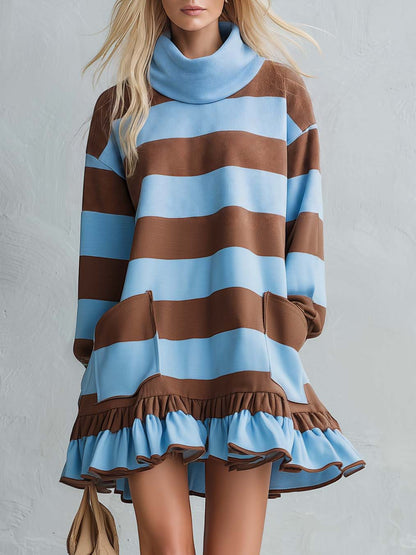Cozy Chic Blue Brown Striped Cowl Neck Ruffle Hem Sweatshirt Mini Dress