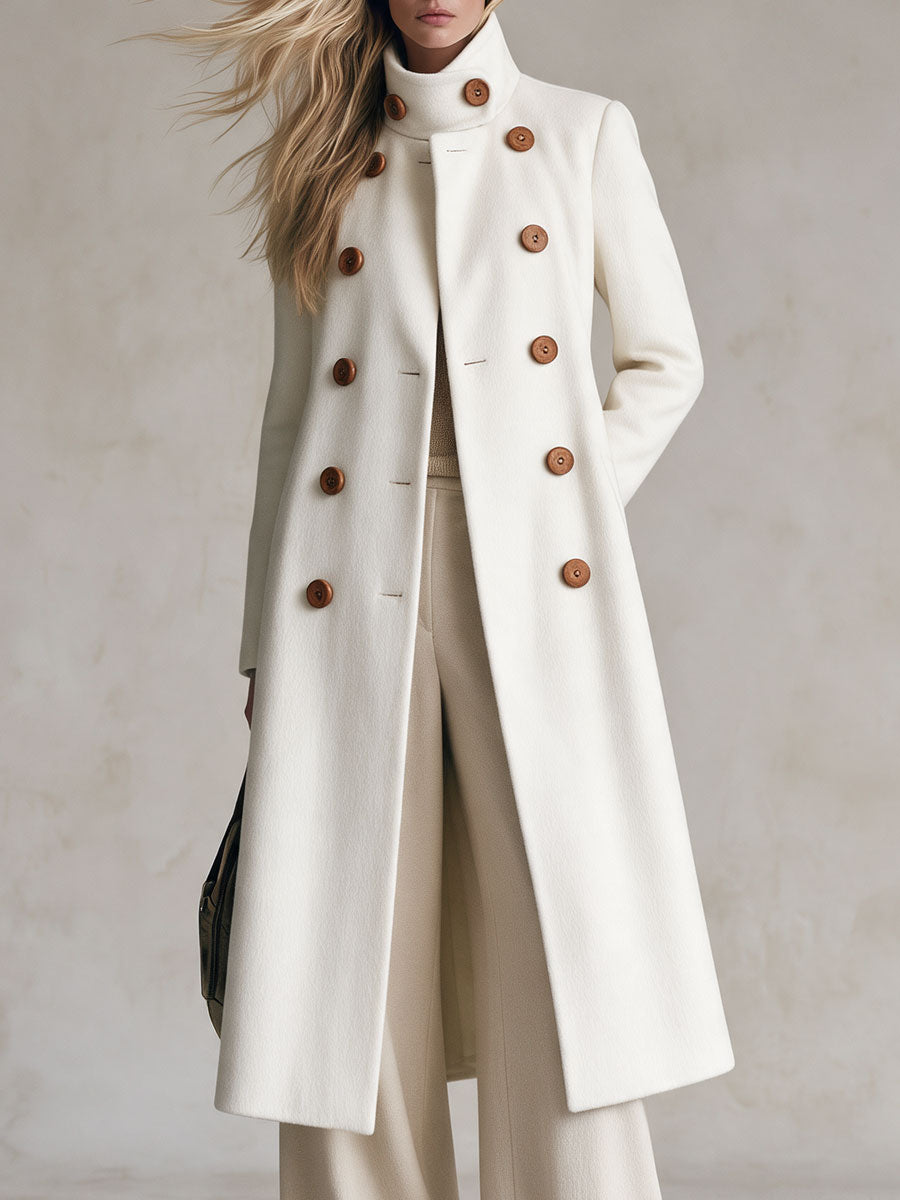 Retro Elegant White Turtleneck Double-breasted Coat