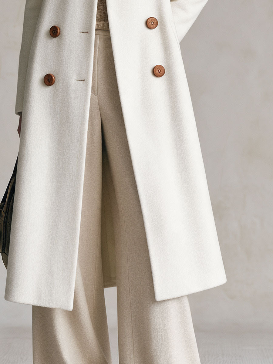 Retro Elegant White Turtleneck Double-breasted Coat