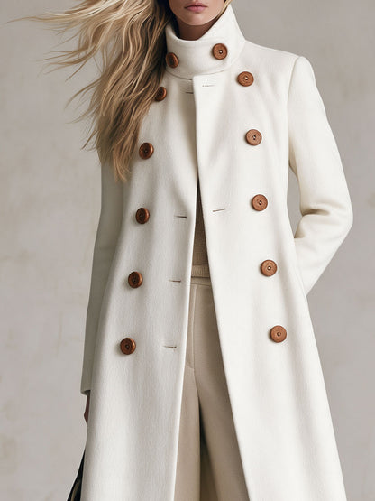 Retro Elegant White Turtleneck Double-breasted Coat