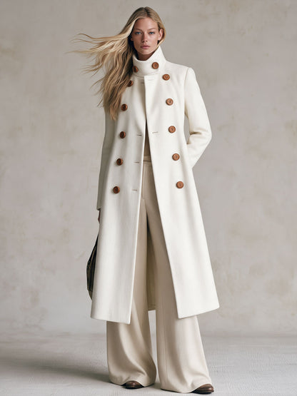 Retro Elegant White Turtleneck Double-breasted Coat